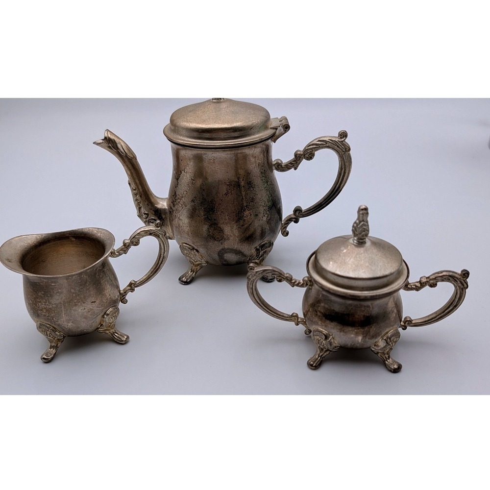 Vintage Silver Plated 3 Piece Tea Set Footed Teapot Sugar Creamer Ornate Patina